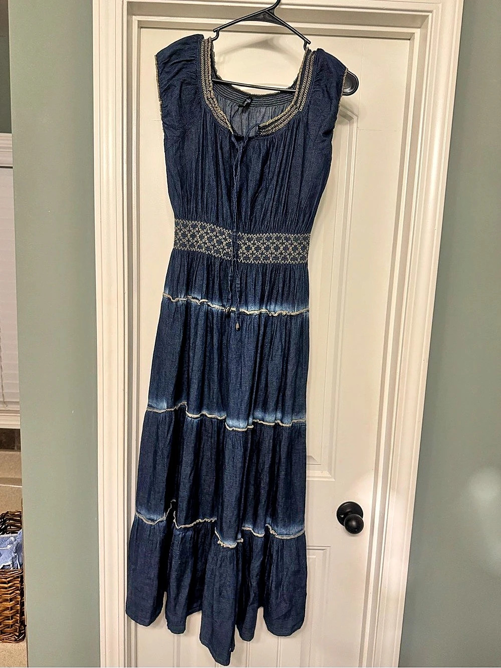 Indigo & Lace NWT Indigo Blue Embroidered Smocked Tiered Boho Maxi Dress